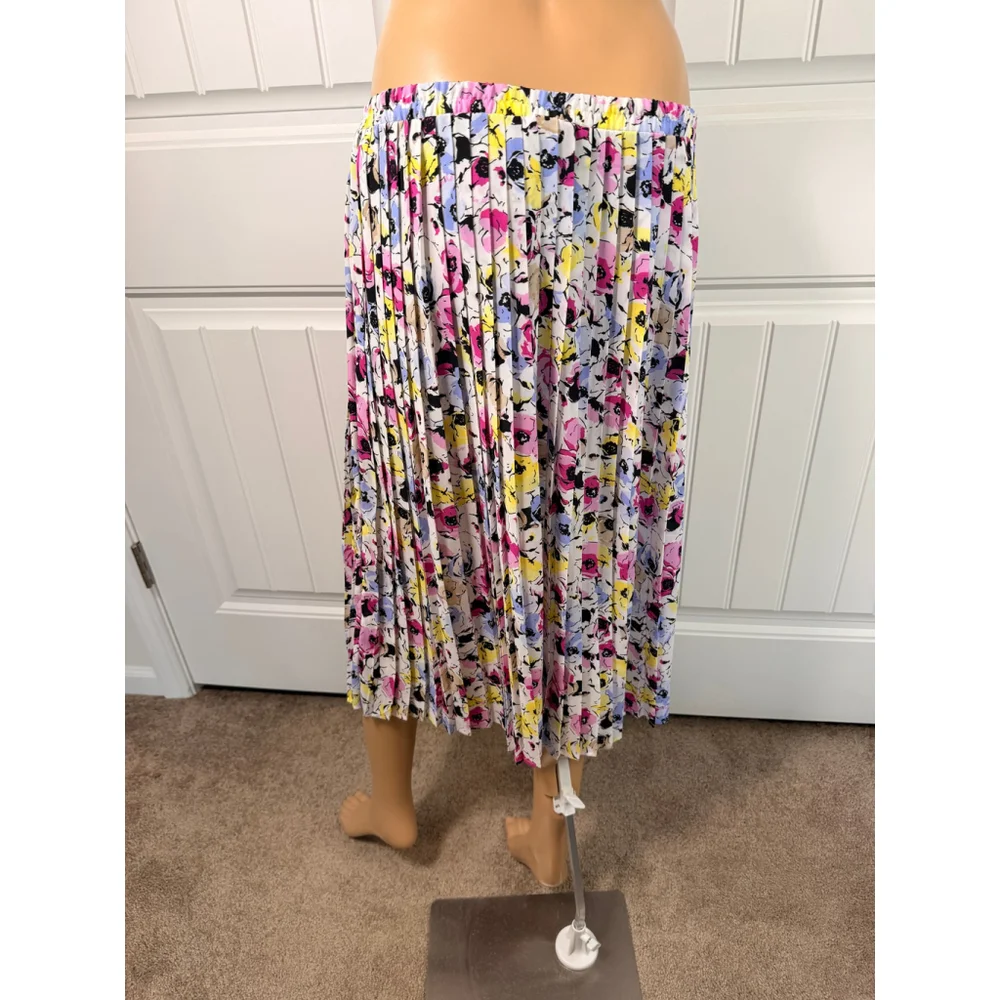 Womens DANA BUCHMAN Midi Skirt L White Floral Pleated Romantic Breezy Artsy Airy